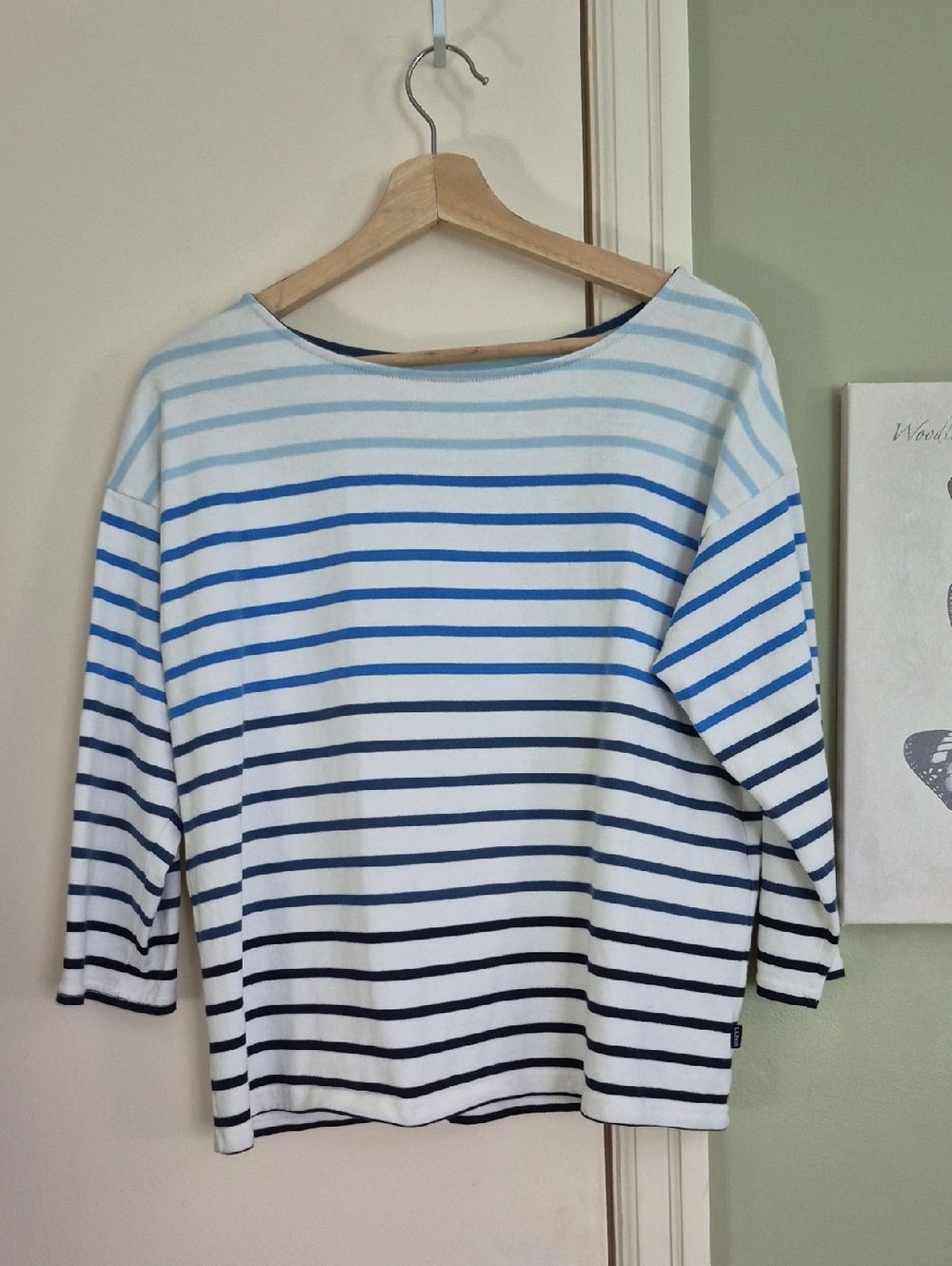 EUC L.L. Bean Striped Blue & White Breton Boatneck 3/4 Sleeve Cotton Top, PS